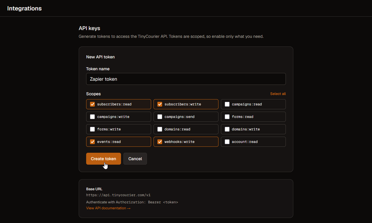 Creating an API key and choosing its permission scopes