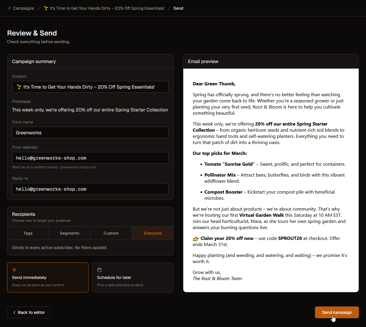 The Review and Send screen