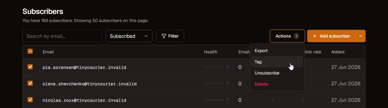 The bulk action bar after selecting subscribers