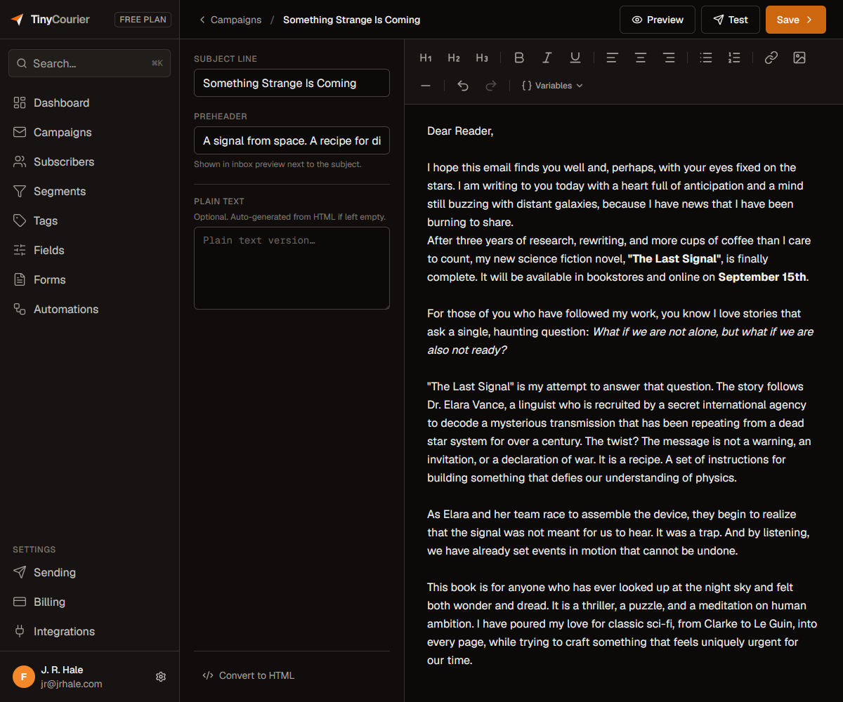 TinyCourier composing a newsletter to an author’s reader list