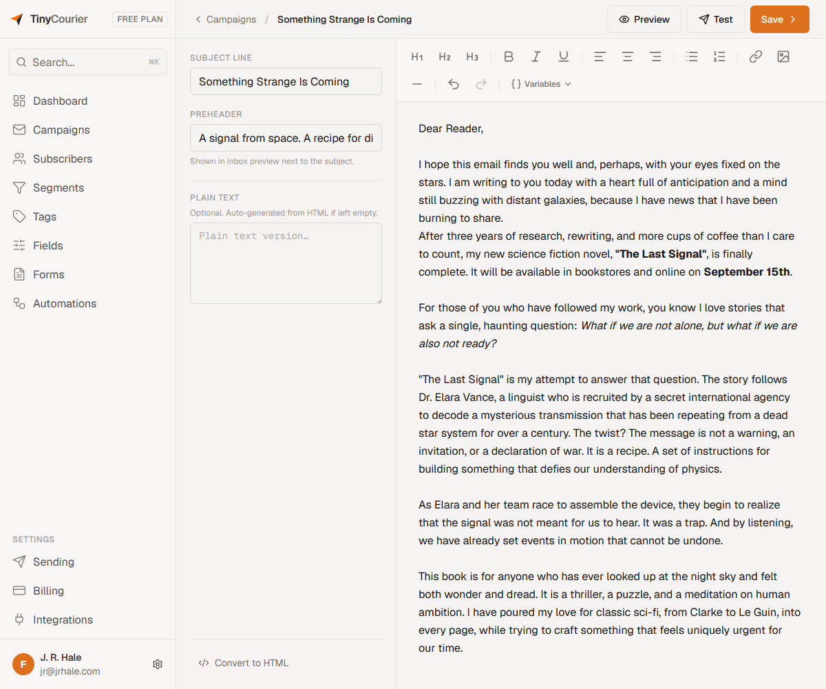 TinyCourier composing a newsletter to an author’s reader list