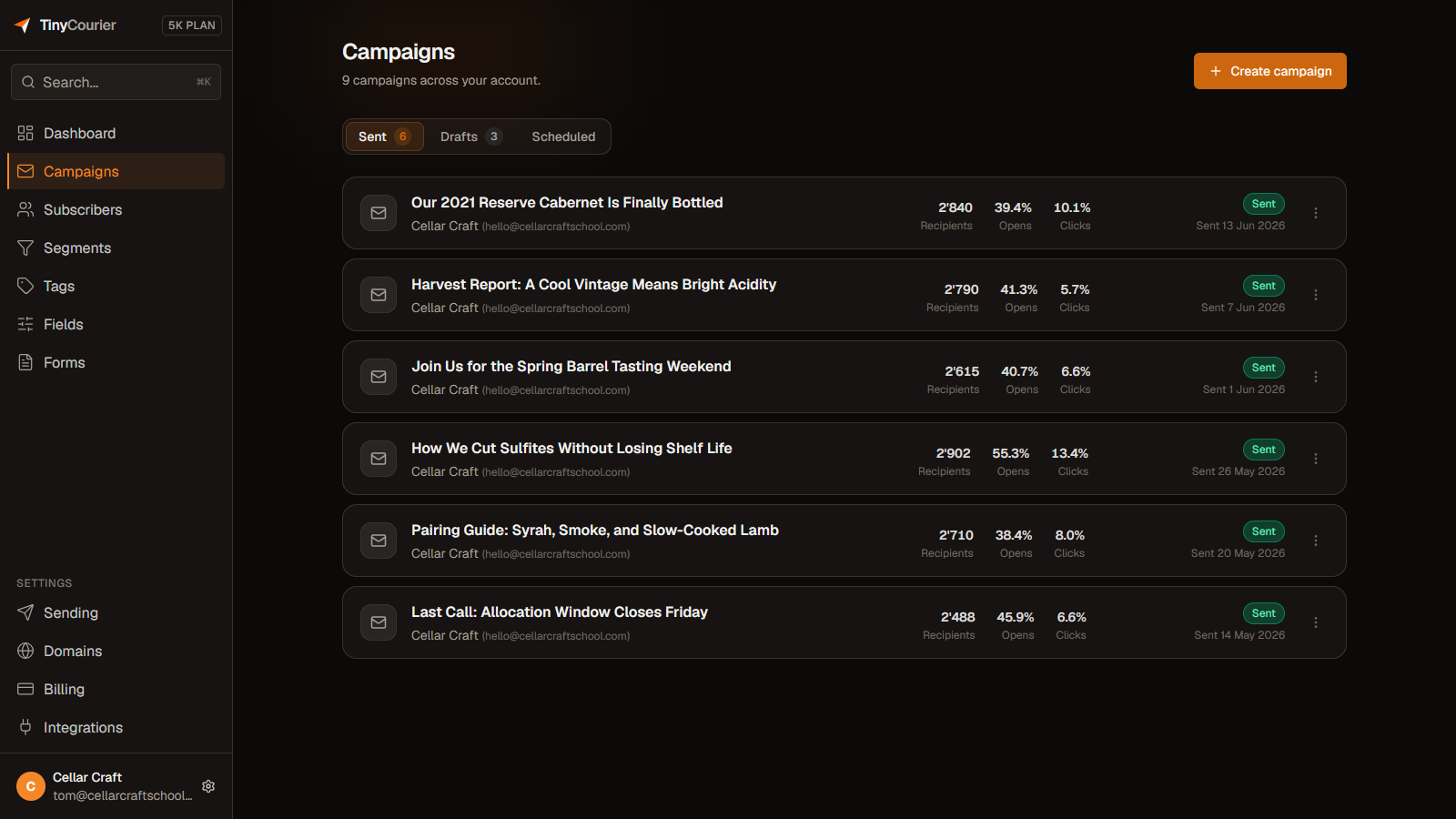 TinyCourier showing a clean list of newsletters
