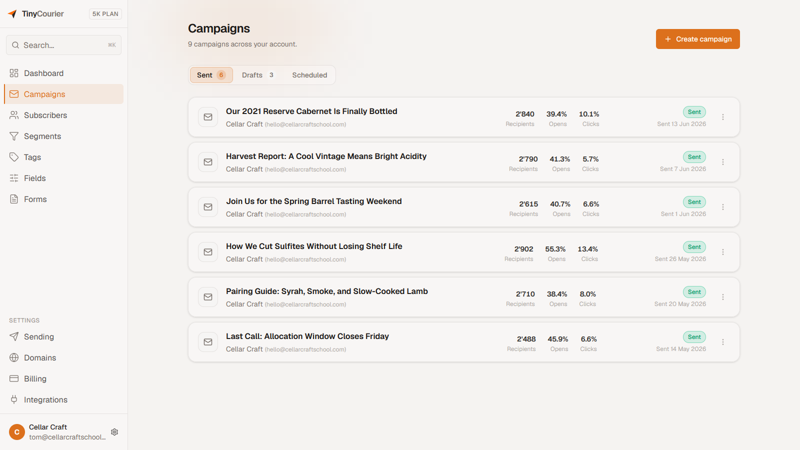 TinyCourier showing a clean list of newsletters