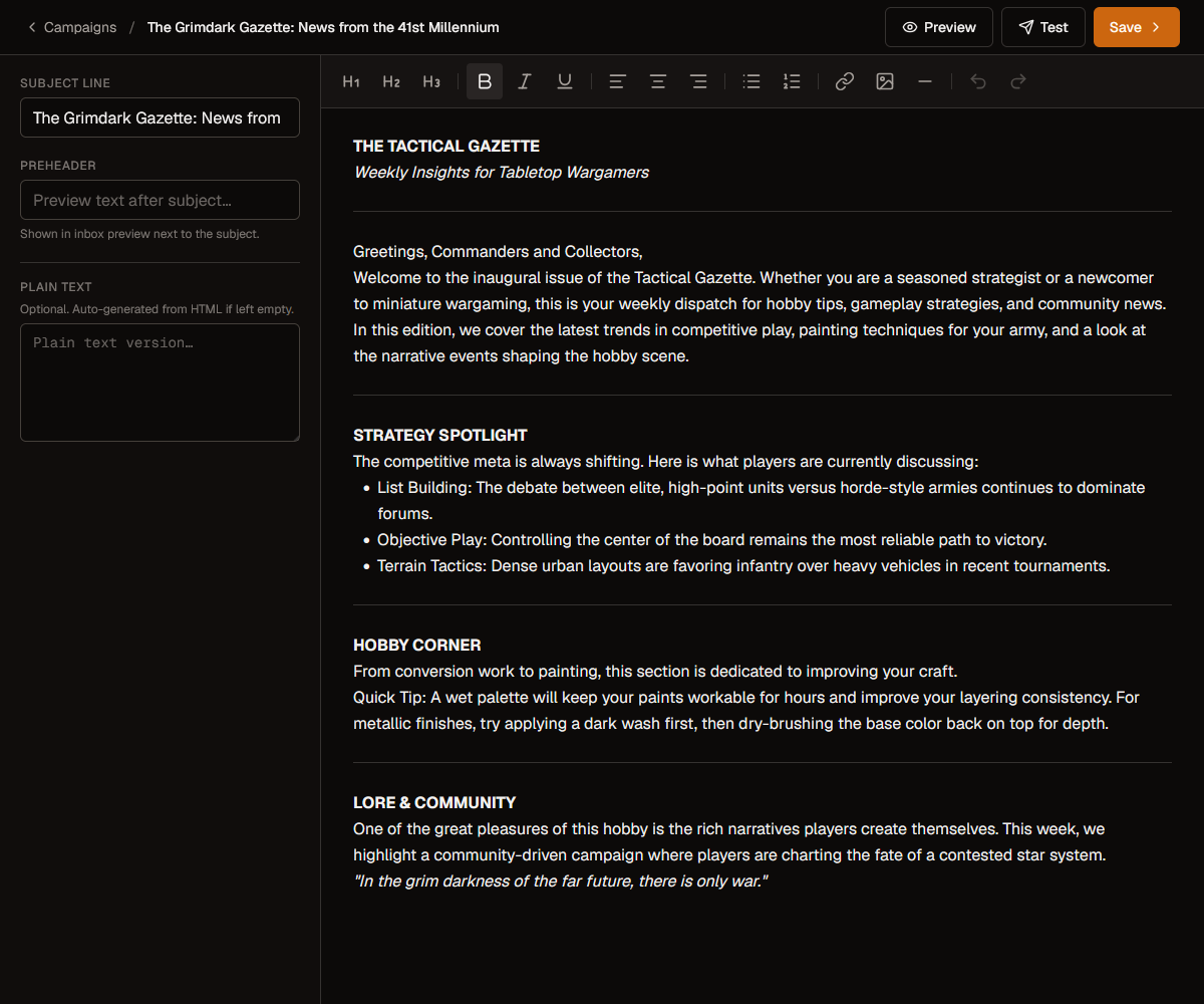 The TinyCourier editor with a live newsletter preview