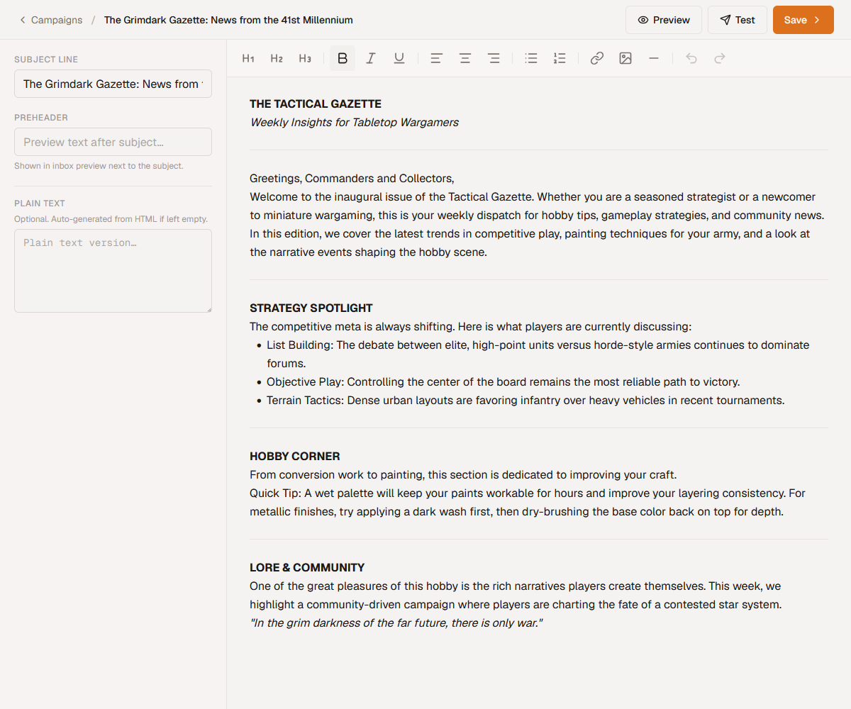 The TinyCourier editor with a live newsletter preview